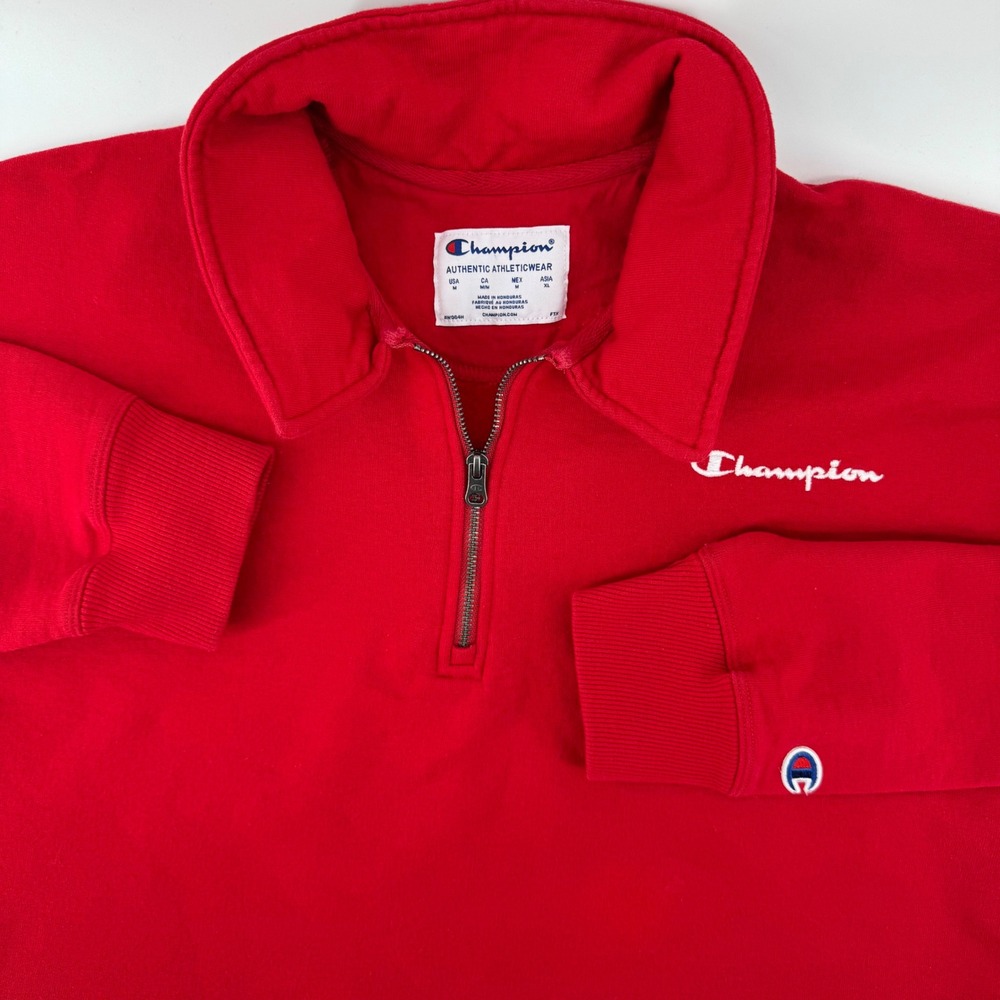 Champion Womens Medium Red Quarter Zip Pullover‎ Sweatshirt Embroidered VTG Logo